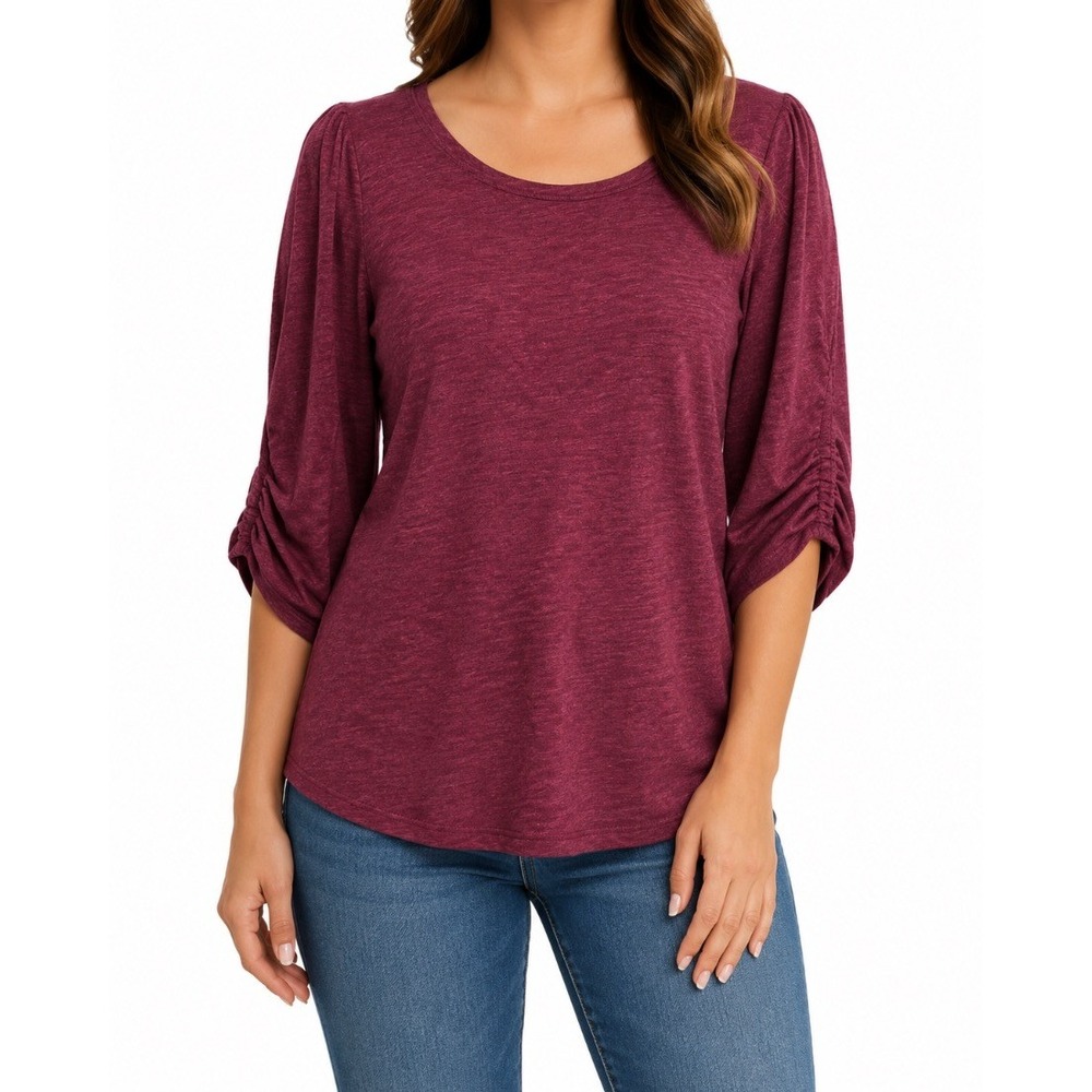 Democracy Plus Size 1X Burgundy Ruched Sleeve Scoop Neck Tunic Top Blouse